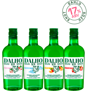 Four DALHO Soju Shot 375 mL bottles side by side