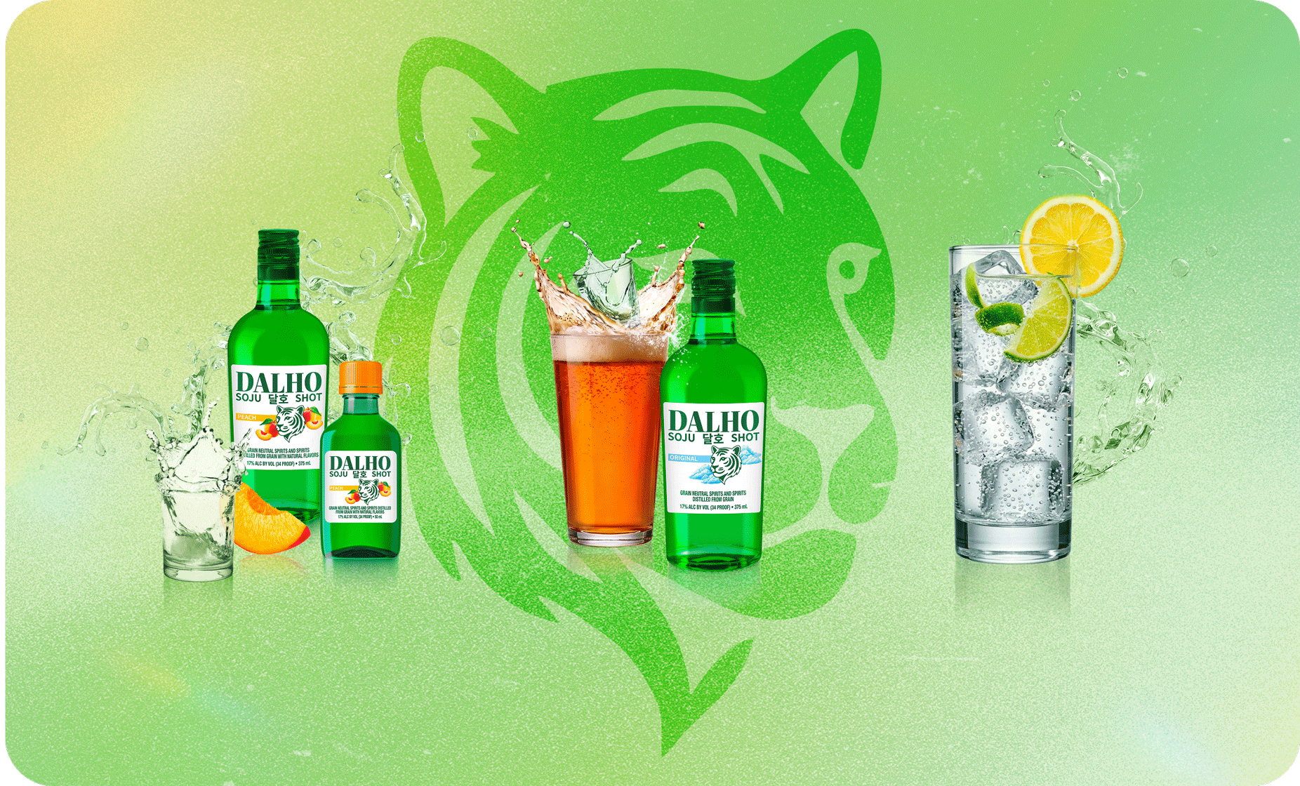 Three DALHO serves: bottles beside a shot glass, a shot dropped into a glass of beer, and a tall glass over ice with lemon and lime
