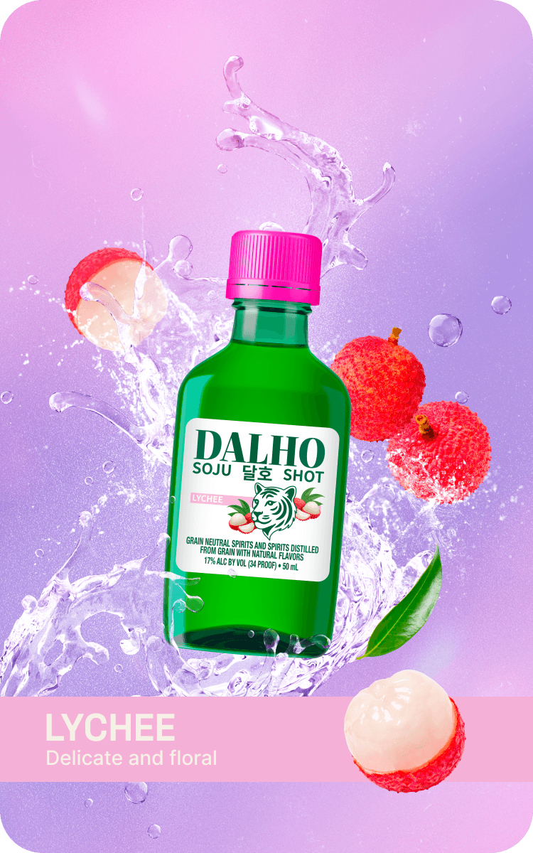 DALHO Lychee soju shot, 50 mL bottle, with fresh lychees